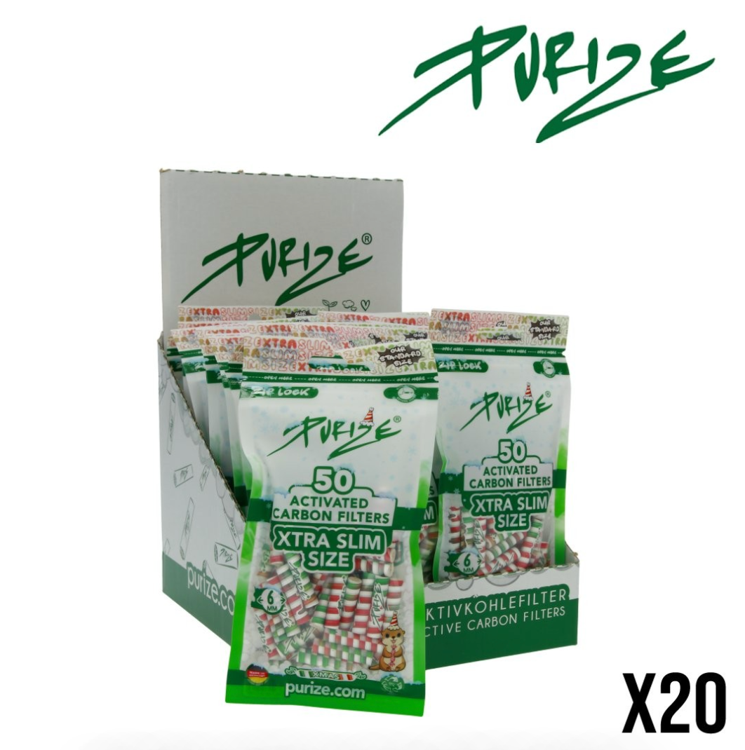 6mm x1000 Filtres Purize Charbon Actif Xtra Slim Xmas x50 – Display Sachets ou Pot Verre