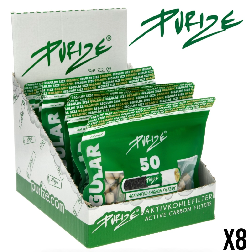 9mm x400 Filtres Purize Regular Charbon Actif Marron – Display de 8 Sachets x50