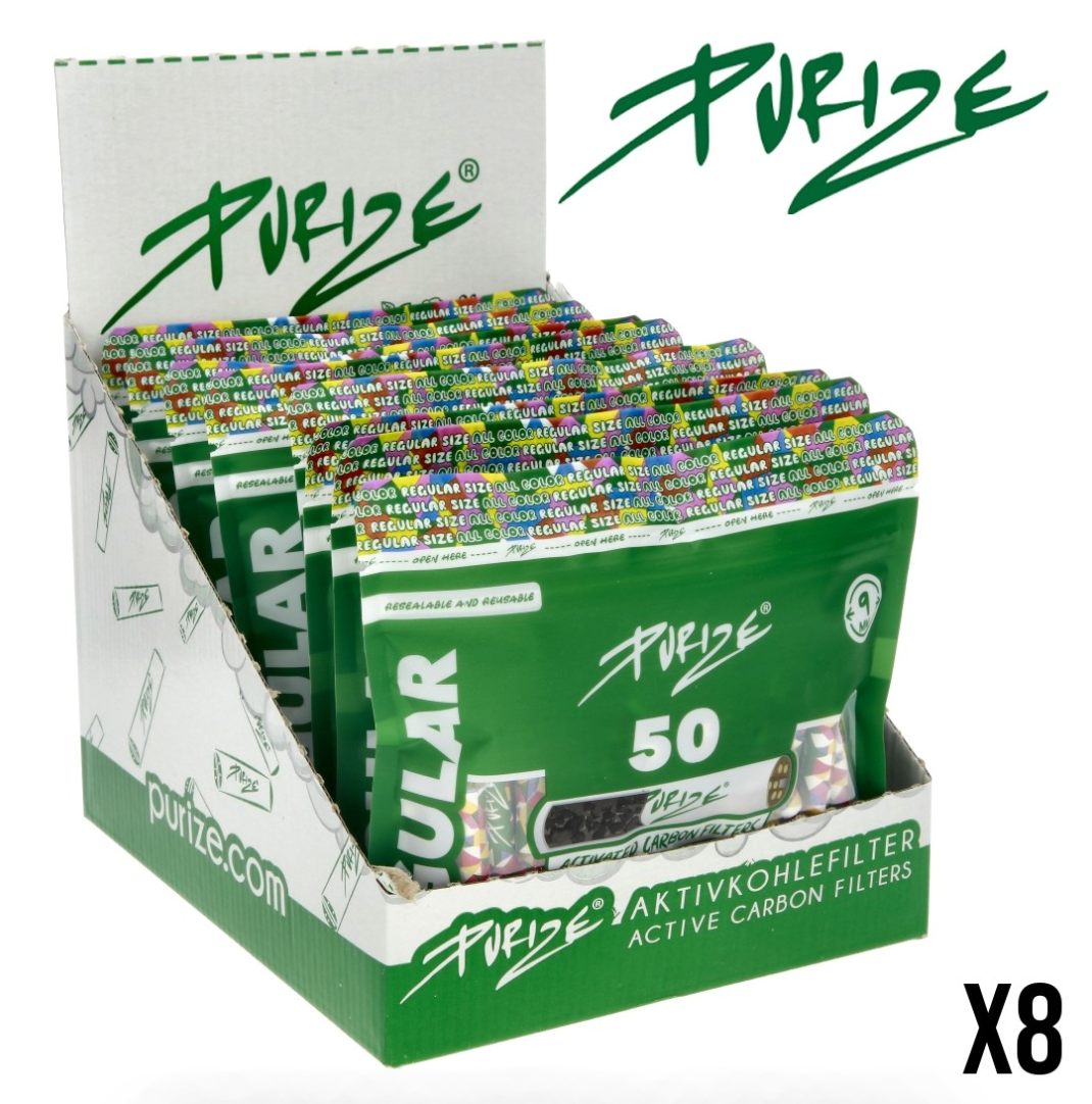 9mm x400 Filtres Purize Regular Charbon Actif Marron – Display de 8 Sachets x50