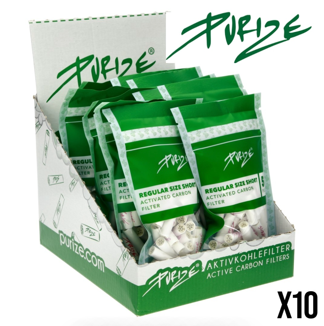 9mm x500 Filtres Purize Regular Short Charbon Actif x50 – Display de 10 Sachets